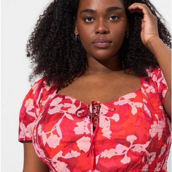 Torrid NWT Midi Cotton Clip Dot Lace Up Smocked Dress Red Floral Women's Plus 1X - Picture 4 of 11